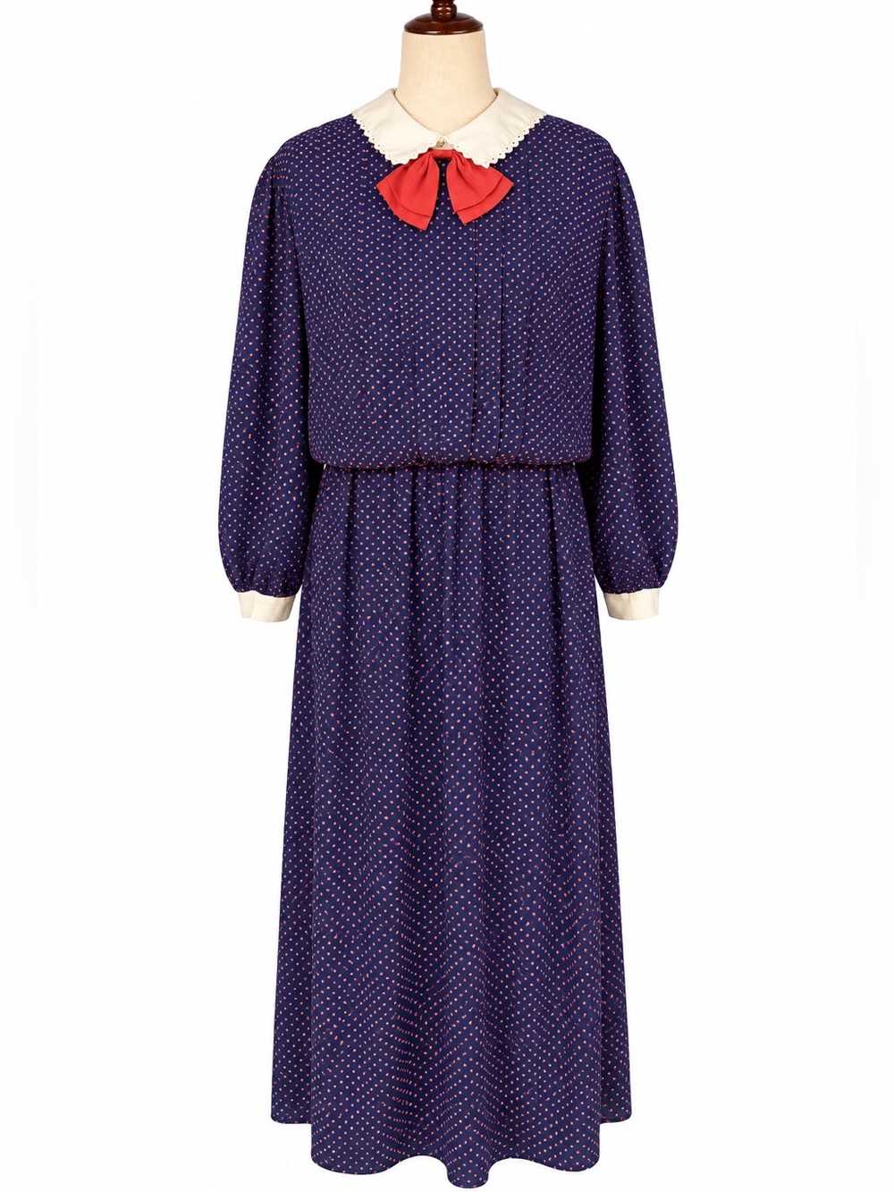 Vintage eclectic grandma Cottagecore plus size 80s dress- bow, collar, dots- 24W
